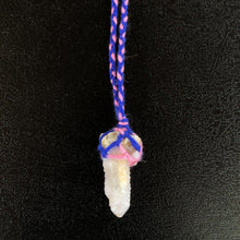 Load image into Gallery viewer, Spirit Quartz Crystal from South Africa, wrapped in pink and blue macramé style wool yarn.