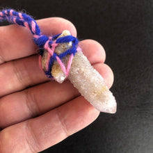 Load image into Gallery viewer, Spirit Quartz Crystal from South Africa, wrapped in pink and blue macramé style wool yarn.